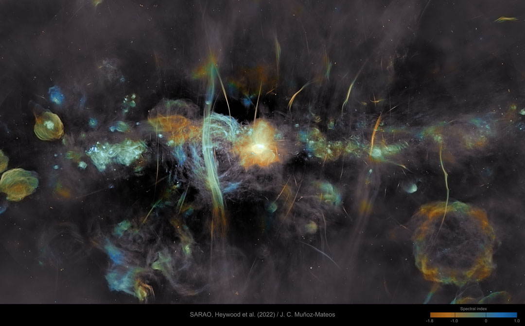 The featured image shows the very center of our Milky Way
Galaxy as resolved by the MeerKAT array in radio light. Many supernova
remnants and unusual filaments are visible. 
Please see the explanation for more detailed information.